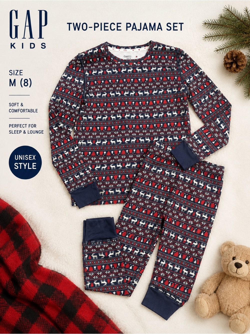 GAP Kids Red, Navy & White Holiday Reindeer Two-Piece Pajama Set
